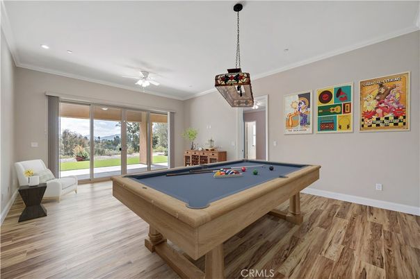 Billiard Table, Game Room, Interior, Pendant Lights, Recessed Lighting, Wood Texture Flooring