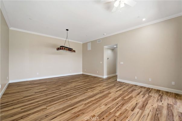 Empty room, Interior, Pendant Lights, Recessed Lighting, Wood Texture Flooring