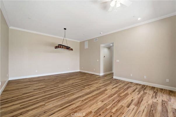 Empty room, Interior, Pendant Lights, Recessed Lighting, Wood Texture Flooring