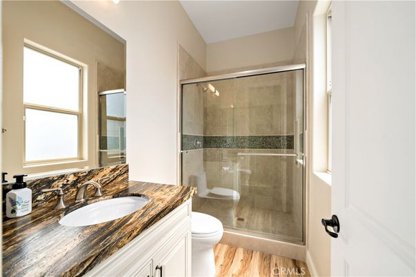 Bathroom, Glass Shower, Interior, Wood Texture Flooring