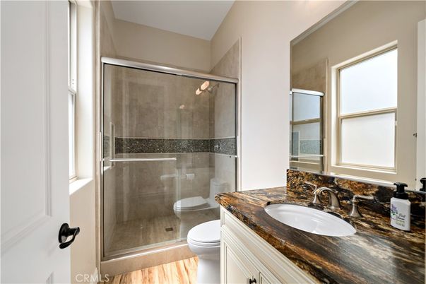 Bathroom, Glass Shower, Interior, Wood Texture Flooring