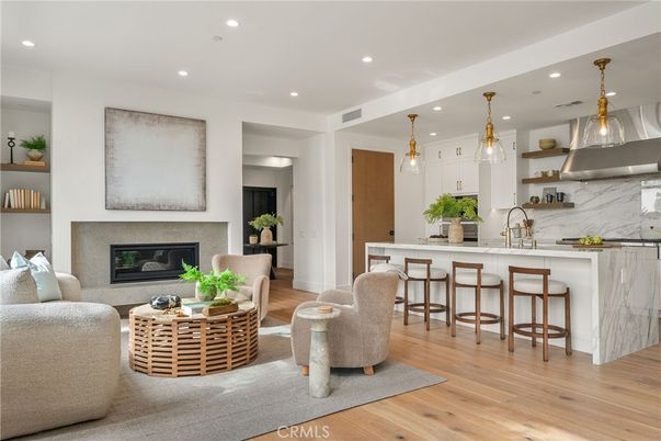 Fireplace, Interior, Kitchen, Living room, Marble Walls, Pendant Lights, Recessed Lighting, Stainless Steel Appliances, Wood Texture Flooring