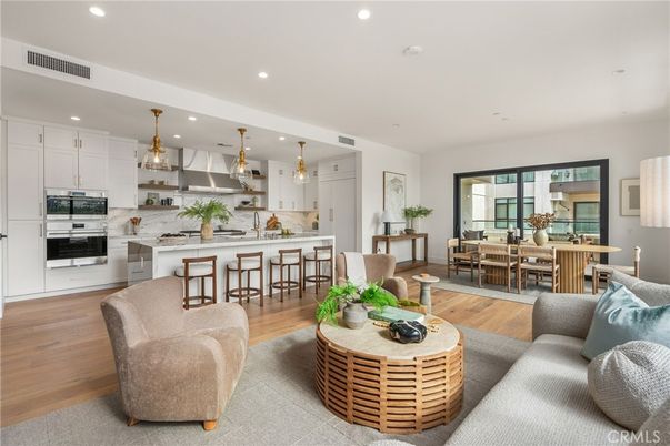 Dining room, Interior, Kitchen, Living room, Pendant Lights, Recessed Lighting, Stainless Steel Appliances, Wood Texture Flooring