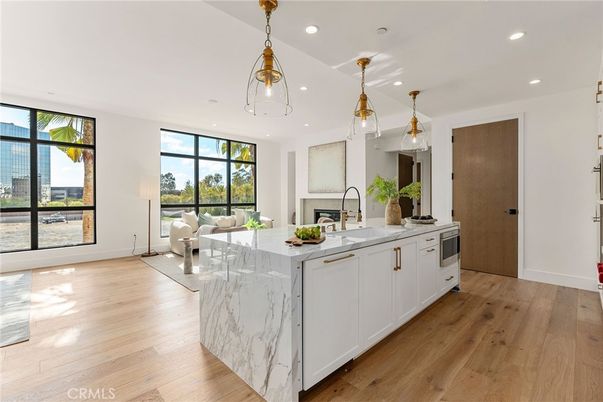 Fireplace, Interior, Kitchen, Living room, Pendant Lights, Recessed Lighting, Wood Texture Flooring