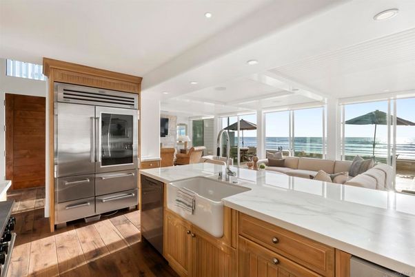 Interior, Kitchen, Living room, Recessed Lighting, Stainless Steel Appliances, Water, Wood Texture Flooring