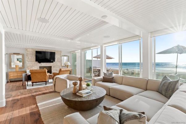 Fireplace, Interior, Living room, Recessed Lighting, Stone Walls, Water, Wood Texture Flooring