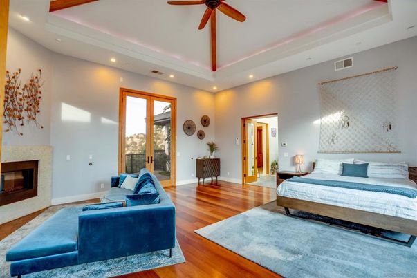 Bedroom, Fireplace, Interior, Recessed Lighting, Wood Texture Flooring