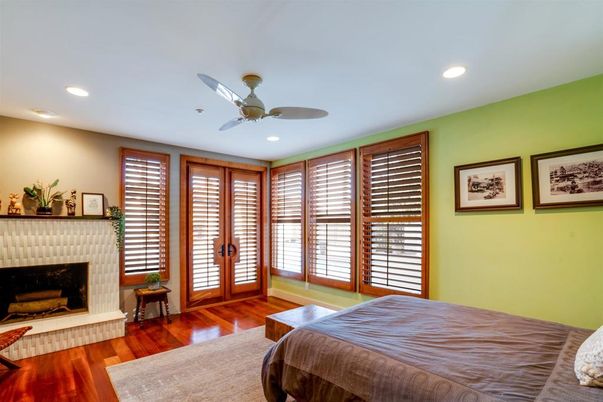 Bedroom, Fireplace, Interior, Recessed Lighting, Wood Texture Flooring
