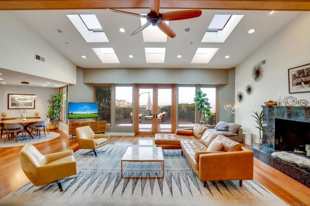 Dining room, Fireplace, Interior, Living room, Recessed Lighting, Wood Texture Flooring