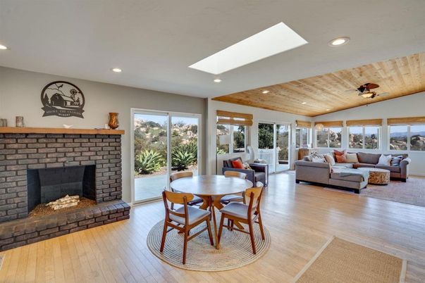 Dining room, Fireplace, Interior, Living room, Recessed Lighting, Wooden Ceilings, Wood Texture Flooring