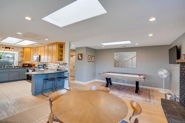 Billiard Table, Dining room, Game Room, Interior, Kitchen, Recessed Lighting, Wood Texture Flooring