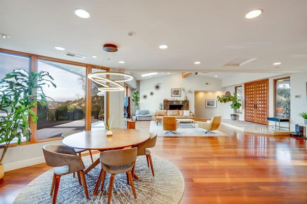 Dining room, Fireplace, Interior, Living room, Pendant Lights, Recessed Lighting, Wood Texture Flooring