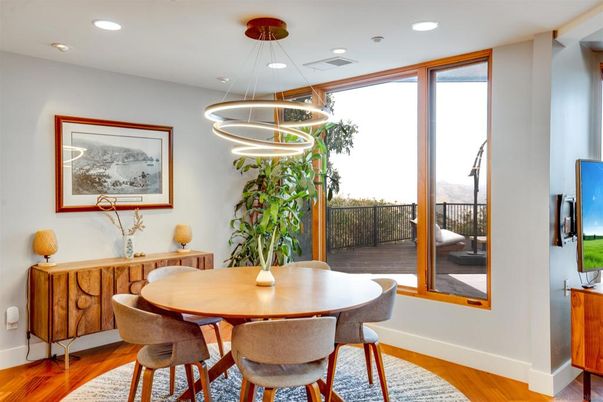 Dining room, Interior, Pendant Lights, Recessed Lighting, Wood Texture Flooring