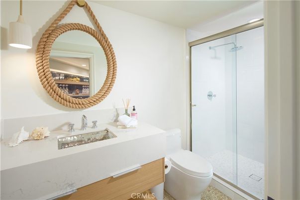Bathroom, Glass Shower, Interior, Recessed Lighting, Wood Texture Flooring