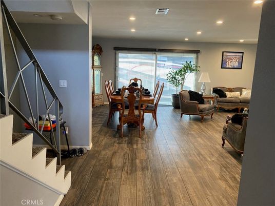 Dining room, Interior, Living room, Recessed Lighting, Wood Texture Flooring