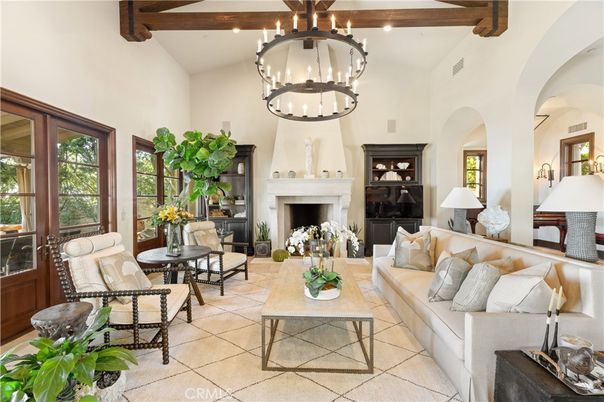 Chandelier, Fireplace, Interior, Living room, Pendant Lights, Recessed Lighting, Wooden Beams