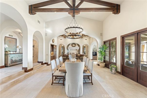 Chandelier, Dining room, Interior, Pendant Lights, Wooden Beams, Wood Texture Flooring