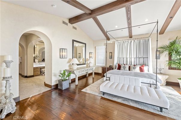 Bedroom, Interior, Recessed Lighting, Wooden Beams, Wood Texture Flooring