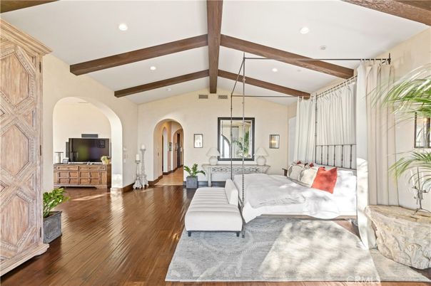 Bedroom, Interior, Recessed Lighting, Wooden Beams, Wood Texture Flooring