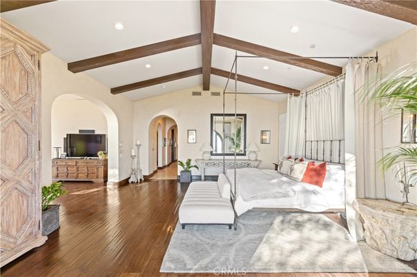 Bedroom, Interior, Recessed Lighting, Wooden Beams, Wood Texture Flooring
