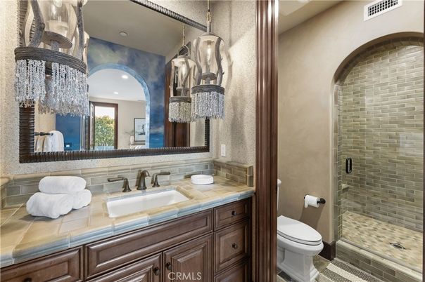 Bathroom, Glass Shower, Interior, Recessed Lighting, Tile Countertops