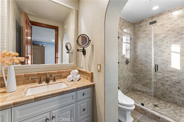 Bathroom, Glass Shower, Interior, Recessed Lighting, Tile Countertops