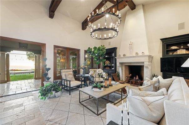 Fireplace, Interior, Living room, Pendant Lights, Wooden Beams