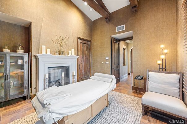Bedroom, Fireplace, Interior, Recessed Lighting, Wooden Beams, Wood Texture Flooring