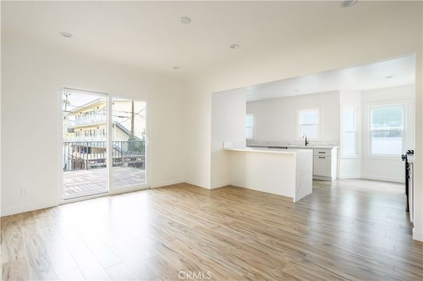 Empty room, Interior, Kitchen, Recessed Lighting, Wood Texture Flooring