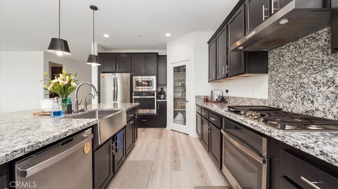 Interior, Kitchen, Pendant Lights, Recessed Lighting, Stainless Steel Appliances, Wood Texture Flooring