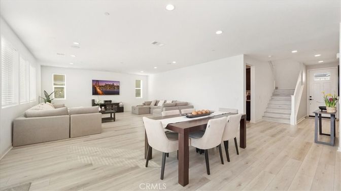 Dining room, Interior, Living room, Recessed Lighting, Wood Texture Flooring