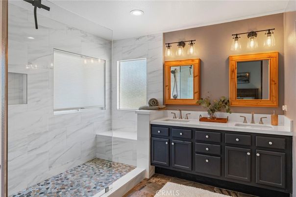 Bathroom, Dual Sink Vanities, Glass Shower, Interior, Marble Walls, Recessed Lighting