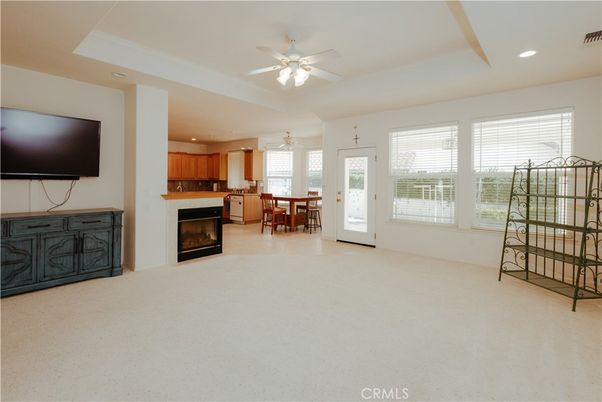 Dining room, Empty room, Fireplace, Interior, Kitchen, Recessed Lighting