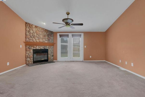 Empty room, Fireplace, Interior, Recessed Lighting, Stone Walls