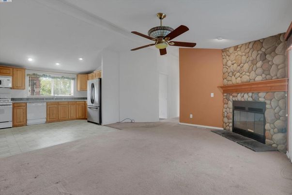 Fireplace, Interior, Kitchen, Recessed Lighting, Stone Walls