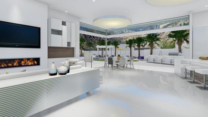 Dining room, Fireplace, Interior, Living room, Recessed Lighting