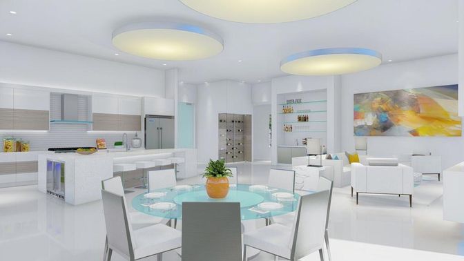Dining room, Interior, Kitchen, Living room, Recessed Lighting