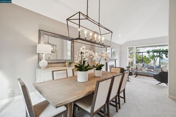 Dining room, Fireplace, Interior, Living room, Pendant Lights