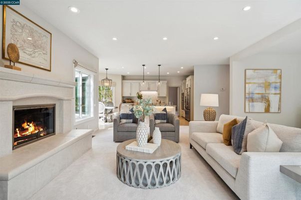 Dining room, Fireplace, Interior, Kitchen, Living room, Pendant Lights, Recessed Lighting