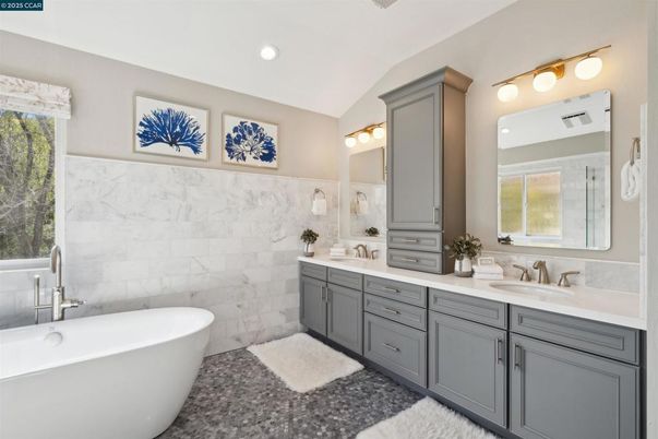 Bathroom, Dual Sink Vanities, Free Standing Baths, Interior, Marble Walls, Recessed Lighting