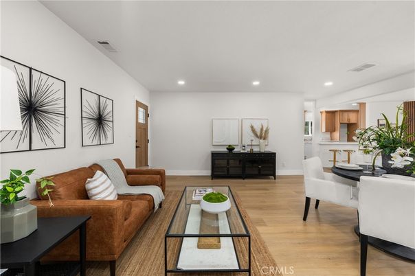 Dining room, Interior, Living room, Recessed Lighting, Wood Texture Flooring