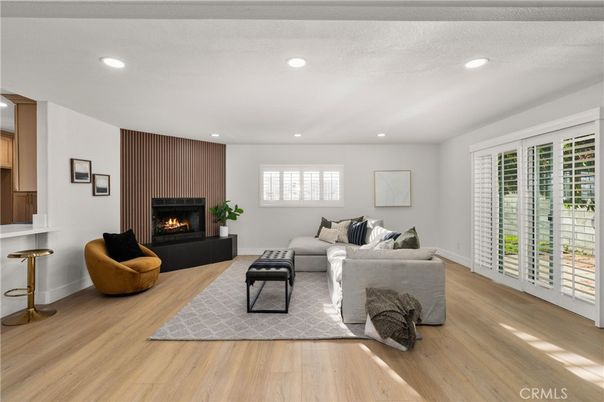 Fireplace, Interior, Living room, Recessed Lighting, Wood Texture Flooring