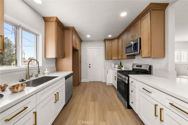 Interior, Kitchen, Recessed Lighting, Stainless Steel Appliances, Wood Texture Flooring