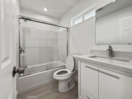 Bathroom, Glass Shower, Interior, Recessed Lighting, Wood Texture Flooring
