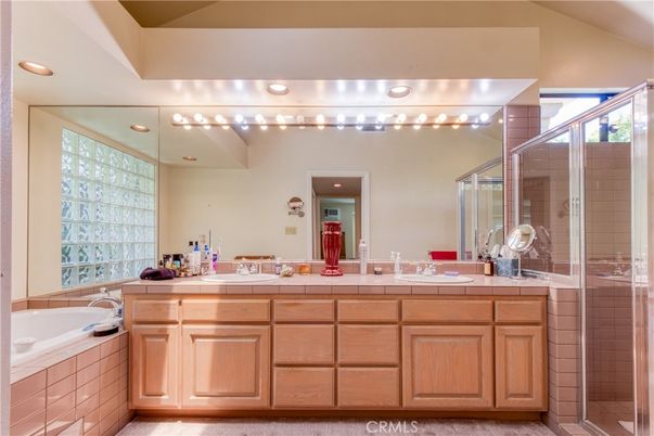 Bathroom, Dual Sink Vanities, Glass Shower, Interior, Recessed Lighting, Tile Countertops