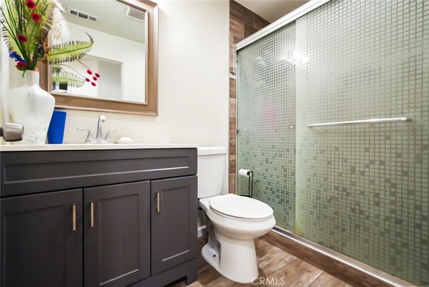 Bathroom, Glass Shower, Interior, Wood Texture Flooring