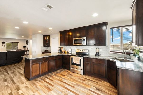 Interior, Kitchen, Living room, Recessed Lighting, Stainless Steel Appliances, Wood Texture Flooring