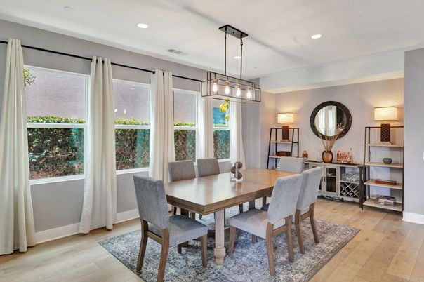 Dining room, Interior, Pendant Lights, Recessed Lighting, Wood Texture Flooring