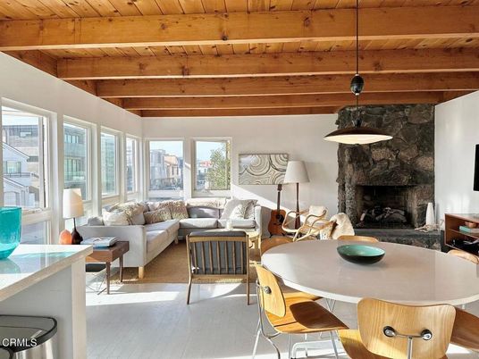 Dining room, Fireplace, Interior, Living room, Pendant Lights, Stone Walls, Wooden Beams, Wooden Ceilings, Wood Texture Flooring