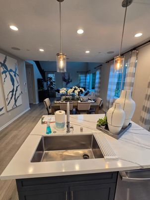 Dining room, Interior, Kitchen, Living room, Pendant Lights, Recessed Lighting, Wood Texture Flooring